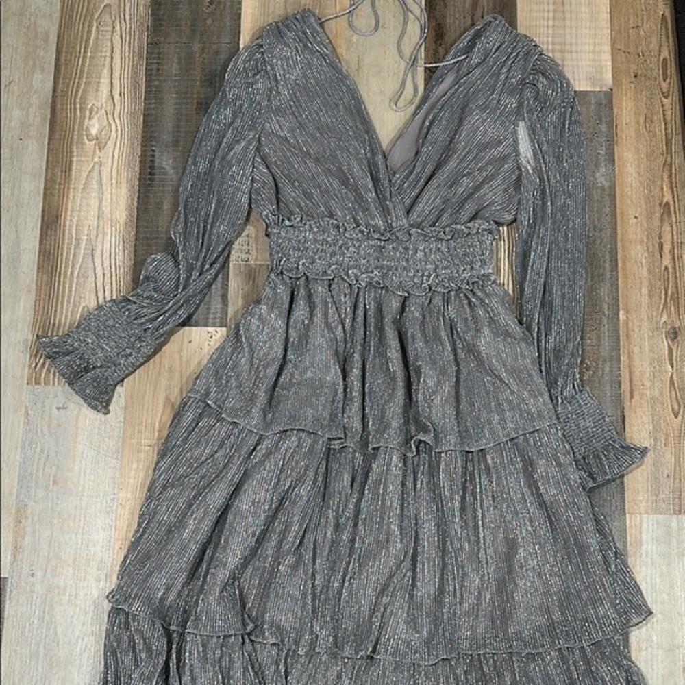 Vici metallic Silver ruffle layer Dress